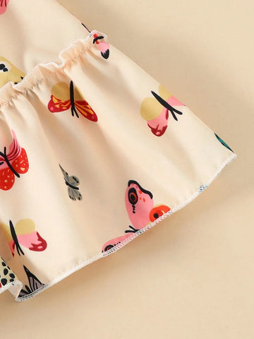 European And American Girls' Summer Casual Butterfly Printed Short Sleeve Dress, Thin Princess Dress For Outings And Vacations