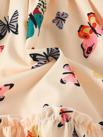 European And American Girls' Summer Casual Butterfly Printed Short Sleeve Dress, Thin Princess Dress For Outings And Vacations
