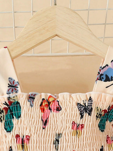 European And American Girls' Summer Casual Butterfly Printed Short Sleeve Dress, Thin Princess Dress For Outings And Vacations