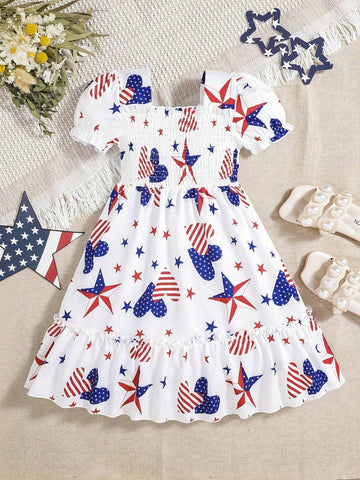 European And American Girls Summer Casual Independence Day Dress Short-Sleeved Flag Princess Dress For Girls