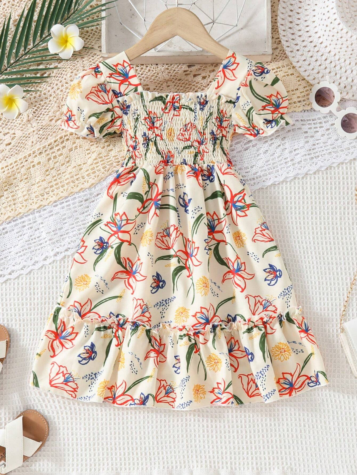 European And American Girls Summer Casual Printed Dress, Girls Short Sleeve Outing Vacation Thin Princess Dress