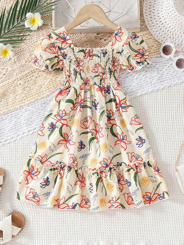 European And American Girls Summer Casual Printed Dress, Girls Short Sleeve Outing Vacation Thin Princess Dress