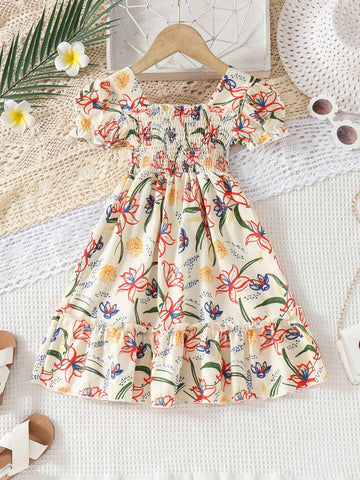 European And American Girls Summer Casual Printed Dress, Girls Short Sleeve Outing Vacation Thin Princess Dress