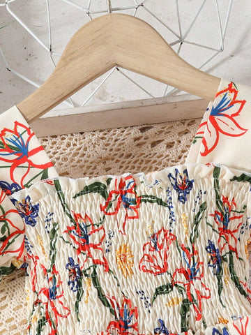 European And American Girls Summer Casual Printed Dress, Girls Short Sleeve Outing Vacation Thin Princess Dress