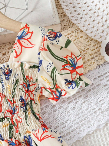 European And American Girls Summer Casual Printed Dress, Girls Short Sleeve Outing Vacation Thin Princess Dress