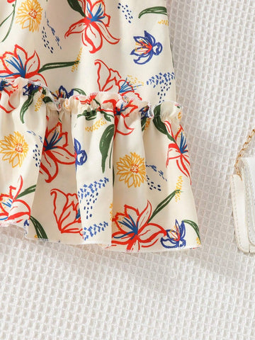 European And American Girls Summer Casual Printed Dress, Girls Short Sleeve Outing Vacation Thin Princess Dress