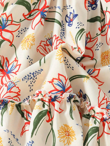 European And American Girls Summer Casual Printed Dress, Girls Short Sleeve Outing Vacation Thin Princess Dress