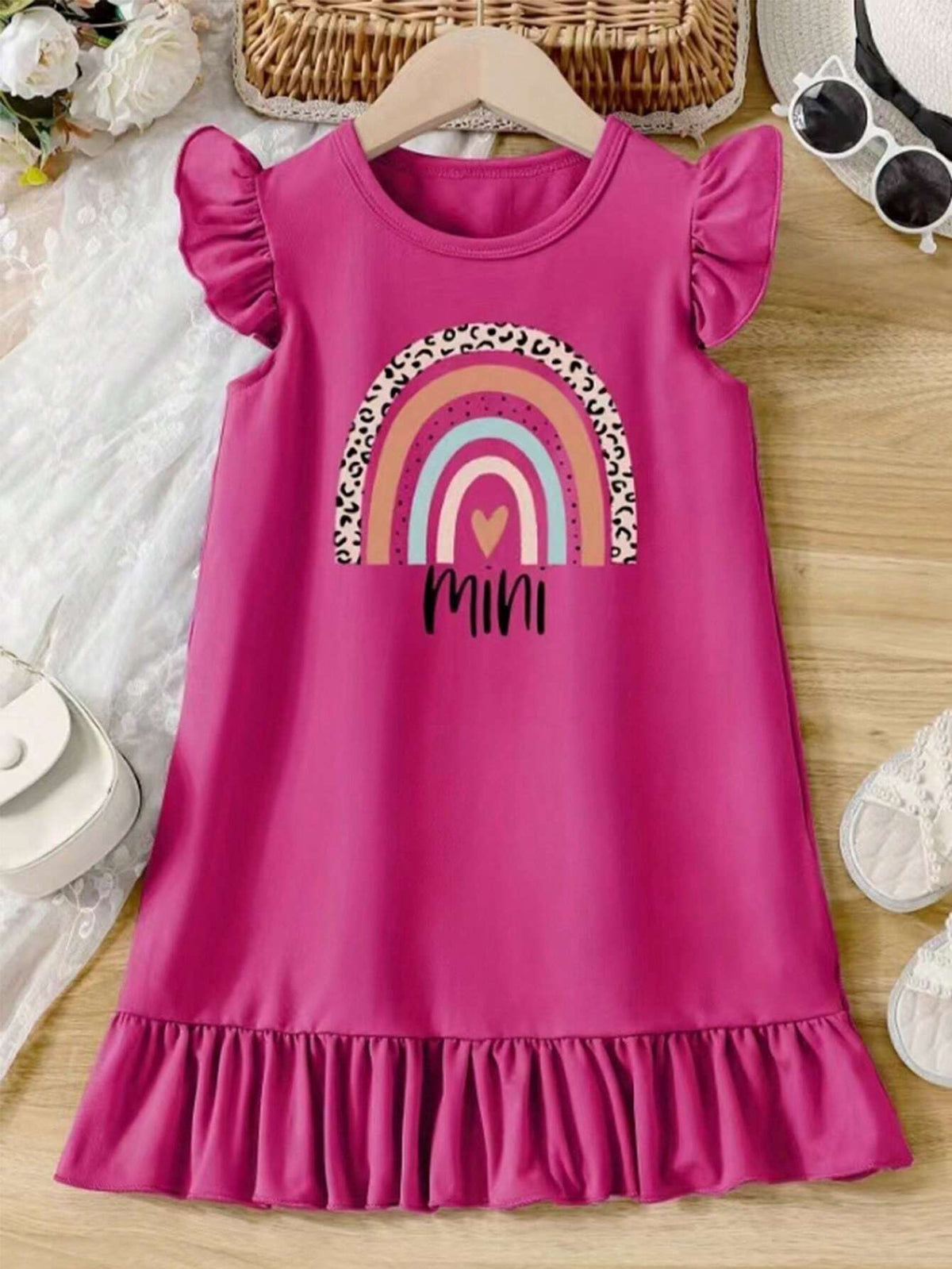 European And American Girls' Summer New Casual Cute Versatile Printed Love Pattern Lotus Leaf Sleeve Dress