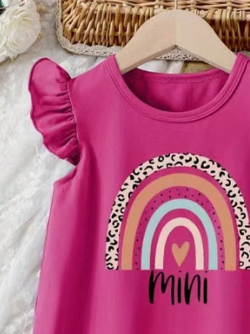 European And American Girls' Summer New Casual Cute Versatile Printed Love Pattern Lotus Leaf Sleeve Dress