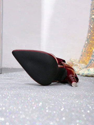 European And American Sexy Pointed Toe Burgundy Stilettos, Hollow Out Irreguar Block Heel Pumps