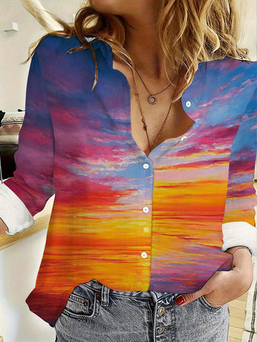 European And American Style Casual Casual Long Sleeve Sunset Scenery Printed Shirt