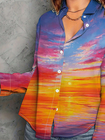 European And American Style Casual Casual Long Sleeve Sunset Scenery Printed Shirt