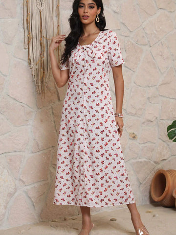 European And American Style Digital Printed Dress, V-Neck Mid-Sleeves Stylish Casual Long Dress