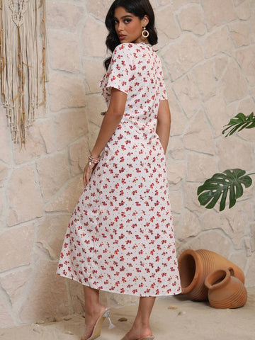 European And American Style Digital Printed Dress, V-Neck Mid-Sleeves Stylish Casual Long Dress