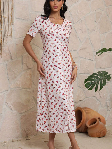 European And American Style Digital Printed Dress, V-Neck Mid-Sleeves Stylish Casual Long Dress