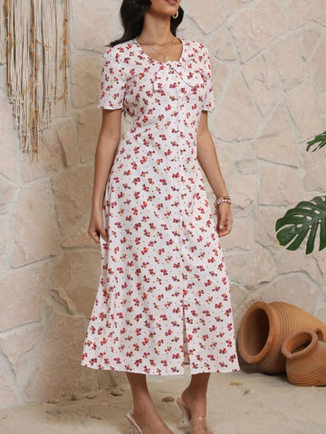 European And American Style Digital Printed Dress, V-Neck Mid-Sleeves Stylish Casual Long Dress