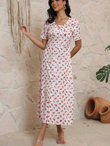 European And American Style Digital Printed Dress, V-Neck Mid-Sleeves Stylish Casual Long Dress
