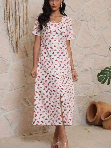 European And American Style Digital Printed Dress, V-Neck Mid-Sleeves Stylish Casual Long Dress
