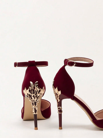 European And American Style Fashionable Metal Flower Stiletto High Heel Wedding Shoes For Women, Pointed Toe Ankle Strap Sandals