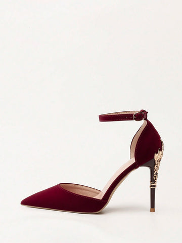 European And American Style Fashionable Metal Flower Stiletto High Heel Wedding Shoes For Women, Pointed Toe Ankle Strap Sandals