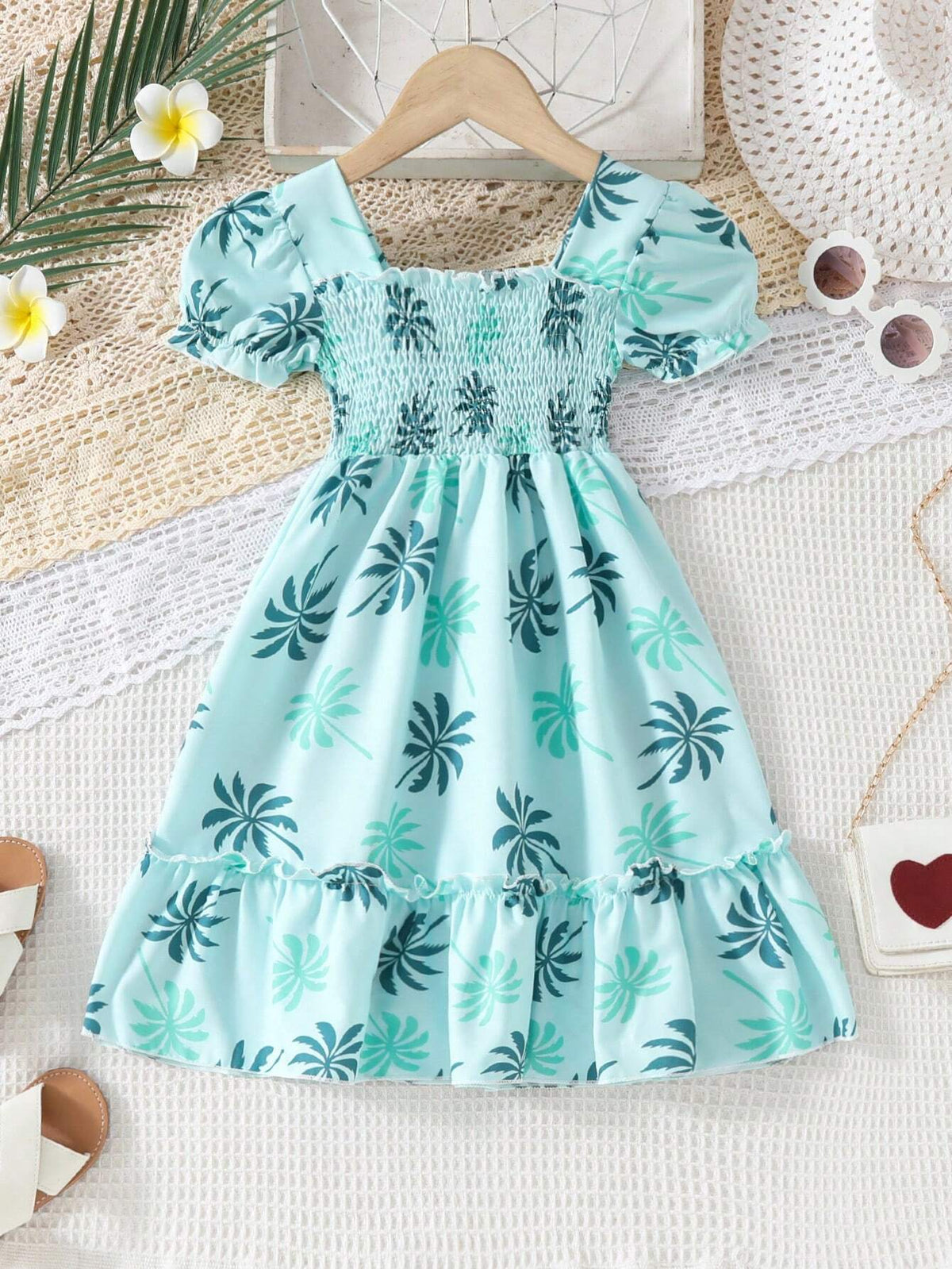 European And American Style Girls Summer Casual Leaf Printed Dress, Short Sleeve Princess Vacation Dress For Outdoor Activities