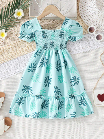 European And American Style Girls Summer Casual Leaf Printed Dress, Short Sleeve Princess Vacation Dress For Outdoor Activities