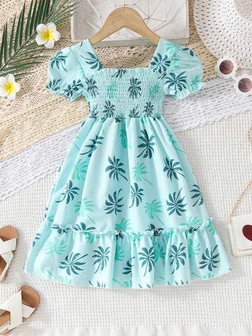 European And American Style Girls Summer Casual Leaf Printed Dress, Short Sleeve Princess Vacation Dress For Outdoor Activities