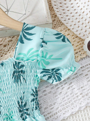 European And American Style Girls Summer Casual Leaf Printed Dress, Short Sleeve Princess Vacation Dress For Outdoor Activities