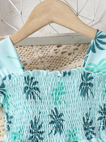 European And American Style Girls Summer Casual Leaf Printed Dress, Short Sleeve Princess Vacation Dress For Outdoor Activities