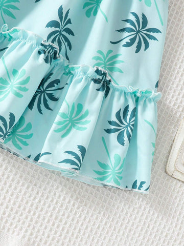 European And American Style Girls Summer Casual Leaf Printed Dress, Short Sleeve Princess Vacation Dress For Outdoor Activities