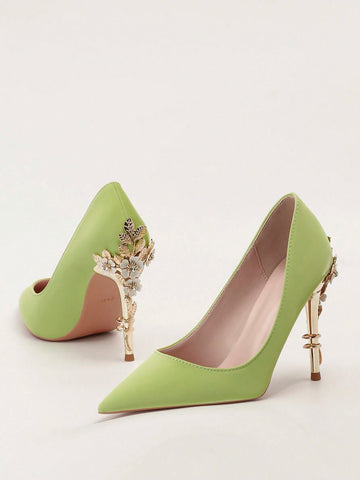 European And American Style Luxurious Sexy Women's Shoes, Fashion Metal Floral Stilettos High Heels