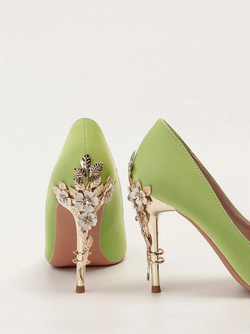 European And American Style Luxurious Sexy Women's Shoes, Fashion Metal Floral Stilettos High Heels