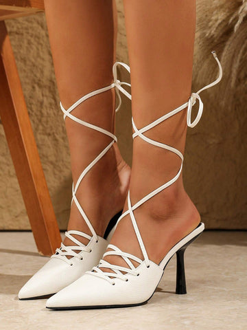 European And American Style New Women High Heel Shoes. Pointed Toe With Rear Foot Strap Design, Fashionable And Comfortable, Embossed Fabric Material, Elegant And Trendy Elements.
