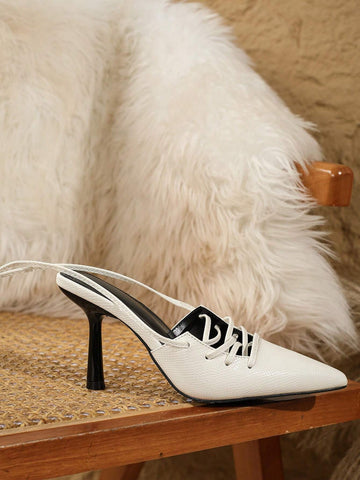 European And American Style New Women High Heel Shoes. Pointed Toe With Rear Foot Strap Design, Fashionable And Comfortable, Embossed Fabric Material, Elegant And Trendy Elements.