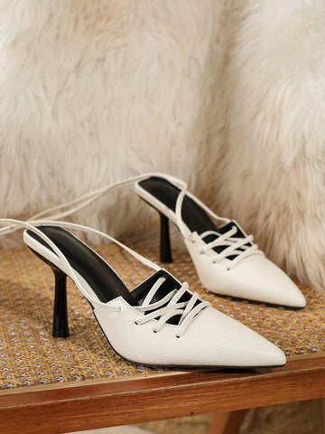 European And American Style New Women High Heel Shoes. Pointed Toe With Rear Foot Strap Design, Fashionable And Comfortable, Embossed Fabric Material, Elegant And Trendy Elements.