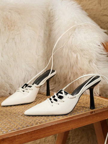 European And American Style New Women High Heel Shoes. Pointed Toe With Rear Foot Strap Design, Fashionable And Comfortable, Embossed Fabric Material, Elegant And Trendy Elements.