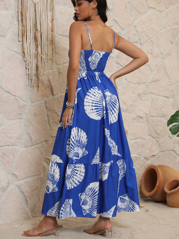 European And American Style Printed High Waist Camisole Long Dress, Sexy Women's Dress