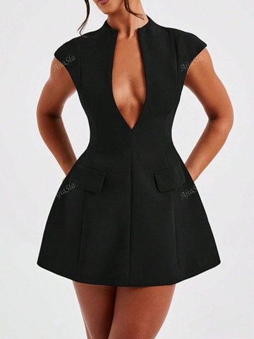 European And American Style Sexy Deep V-Neck Mini Dress With Pocket 2024 Summer New Arrivals, Bodycon Design