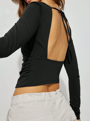 European And American Style Sexy Open Back Knitted Long Sleeve Crop Top With Square Neckline