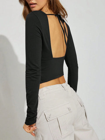 European And American Style Sexy Open Back Knitted Long Sleeve Crop Top With Square Neckline