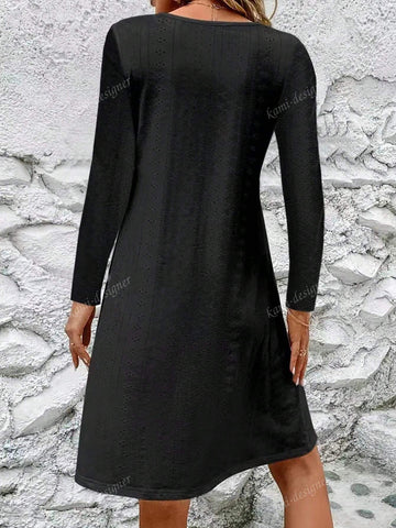 European And American Women's Autumn New Hollowed-Out Jacquard V-Neck Long Sleeve Solid Color Dress