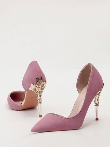 European Fashion Luxury Sexy Women's Shoes, Metal Flower Decor Stiletto High Heel Pointed Toe Hollow Side Ladies