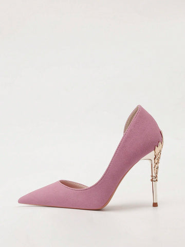 European Fashion Luxury Sexy Women's Shoes, Metal Flower Decor Stiletto High Heel Pointed Toe Hollow Side Ladies