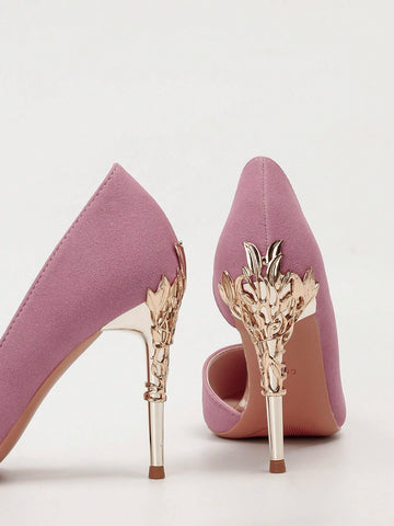 European Fashion Luxury Sexy Women's Shoes, Metal Flower Decor Stiletto High Heel Pointed Toe Hollow Side Ladies