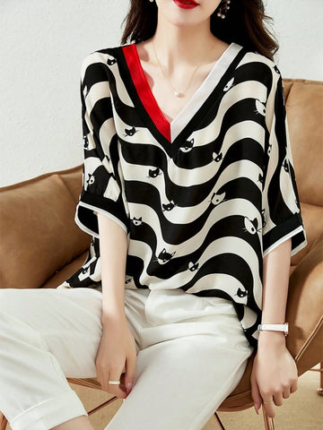 European Station Print New V-Neck Striped 3/4 Sleeve Chiffon Blouse, Loose Fit Top