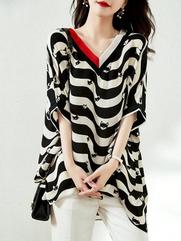 European Station Print New V-Neck Striped 3/4 Sleeve Chiffon Blouse, Loose Fit Top