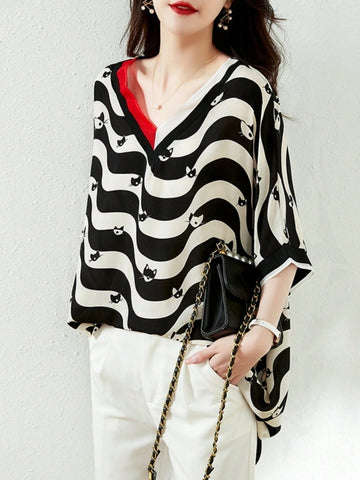 European Station Print New V-Neck Striped 3/4 Sleeve Chiffon Blouse, Loose Fit Top