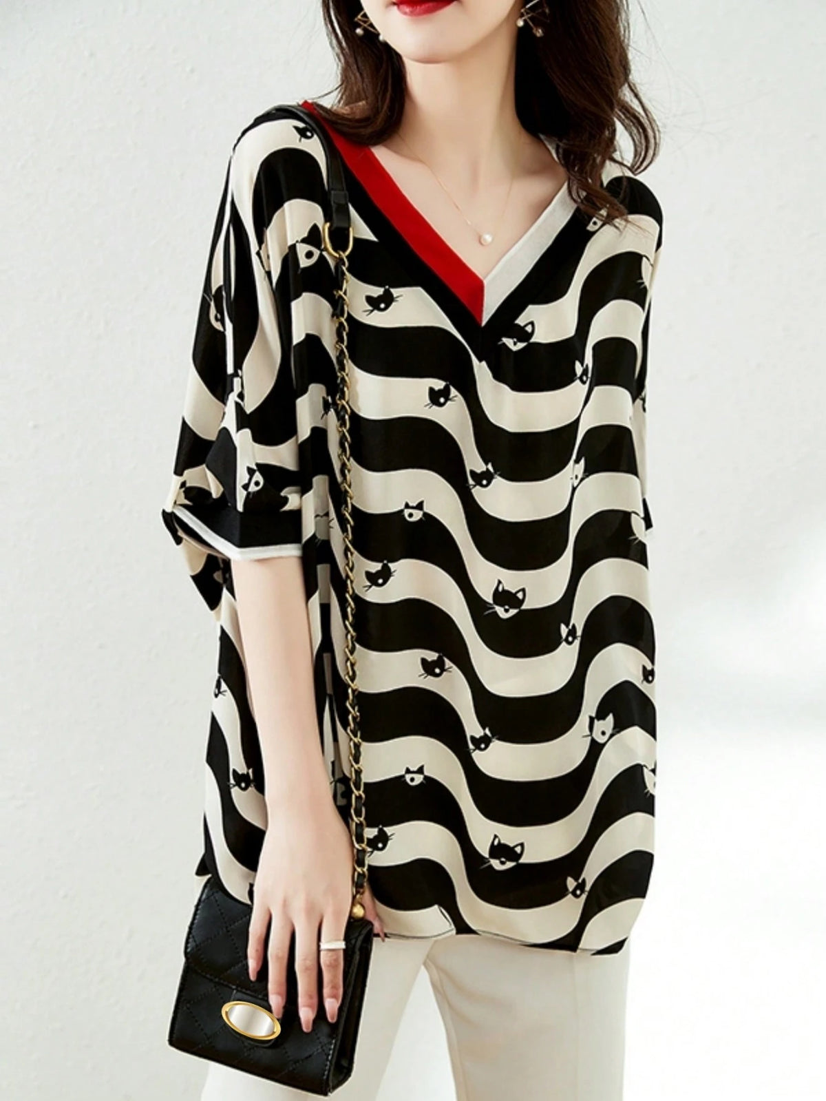 European Station Print New V-Neck Striped 3/4 Sleeve Chiffon Blouse, Loose Fit Top