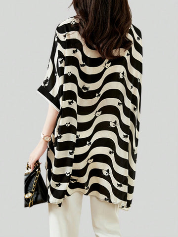 European Station Print New V-Neck Striped 3/4 Sleeve Chiffon Blouse, Loose Fit Top