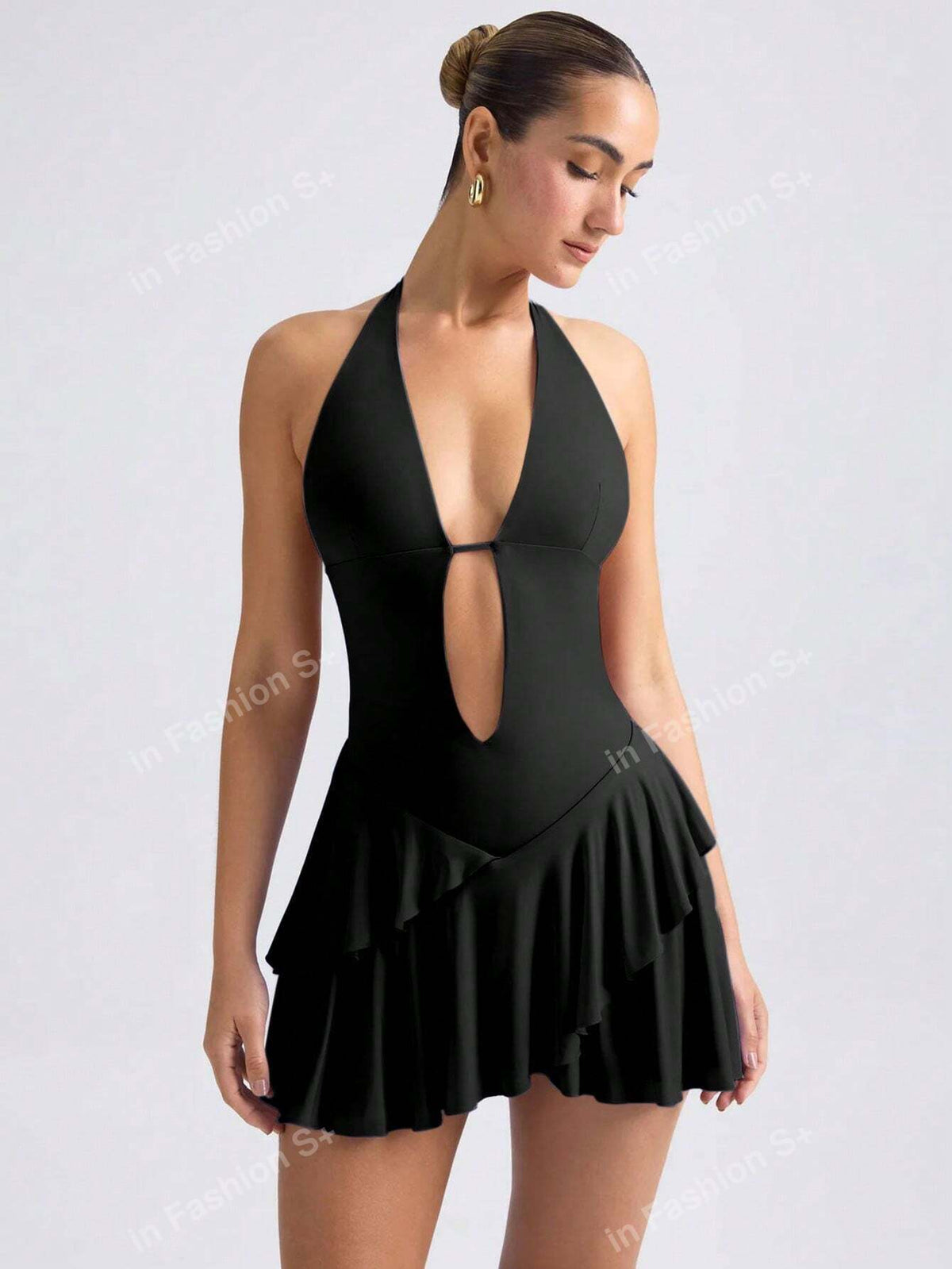 European & American Cross-Border Sexy Drawstring Halter Tied Waist Frill Trim Bodycon Mini Dress, Summer Fashion New Hollow Out Sheath Dress For Women